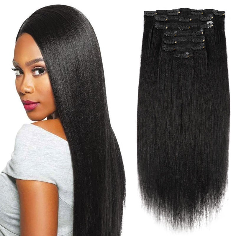 Sassina Clip in Human Hair Extensions Yaki Straight Style Natural Color Remy Unprocessed Soft Clip on Extensions Invisible Double Weft Human Hair Extensions 7 Pieces/Set 16 Inch 120 Grams - Image 1